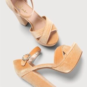 LULUS Crushest Champagne Velvet Rhinestone Ankle Strap Heels Size 8.5 NEW